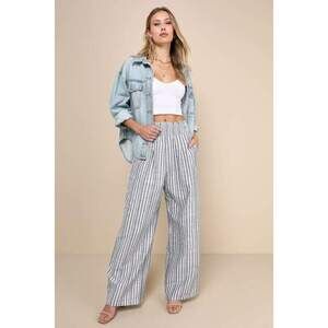 NWT Lulus Breezy Getaway Blue And White Striped Linen Wide-leg Pants - Size M